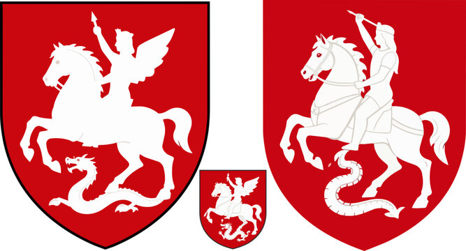 Medieval heraldic crest set, knight riding horse slaying dragon on red shield, vintage coat of arms vector icons for branding