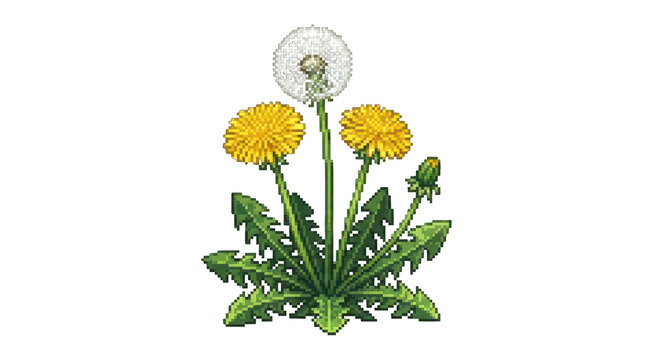 Dandelion Plants: Yellow Blooms and Seed Head, Pixel Art Illustration