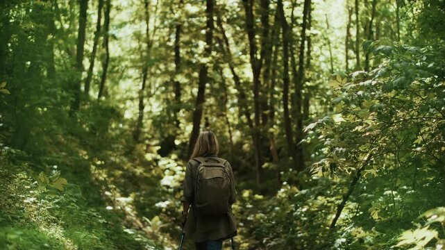 Hiker Carrying Backpack Walking On Trail Through Dense Green Forest With Trekking Poles 