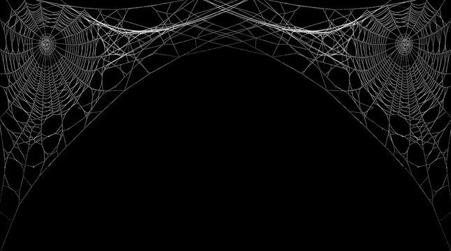 A dark and mysterious halloween background featuring an intricate gothic archway design with glowing white spider web patterns isolated on a deep black textured backdrop