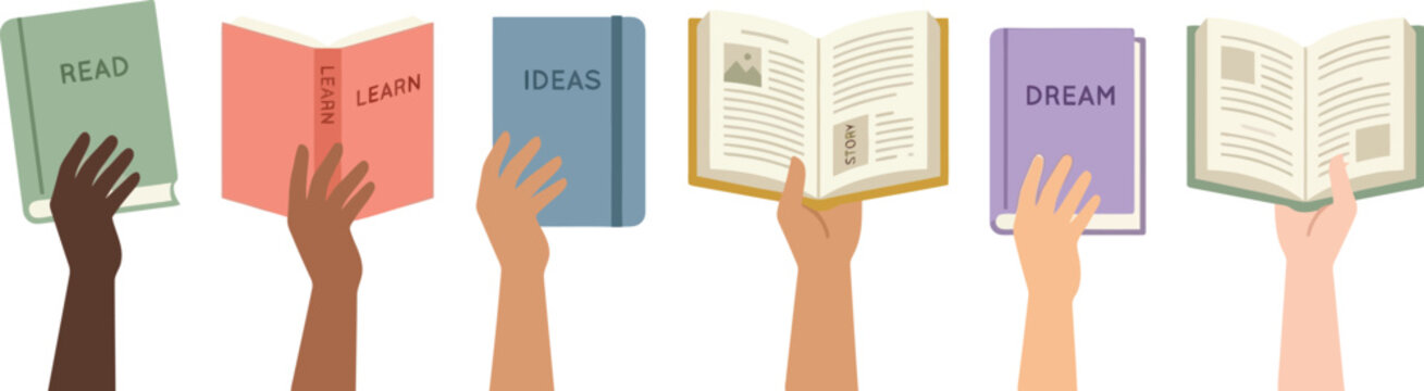 Diverse hands holding books with motivational text, flat vector illustration of reading and education, colorful book collection for library and school