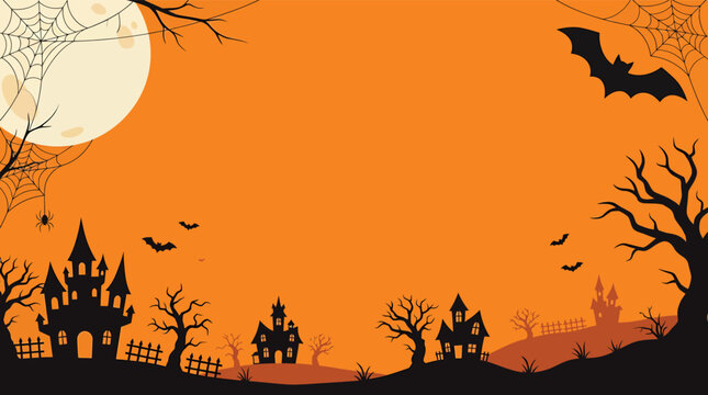 A spooky and eerie halloween night scene with a silhouetted castle bats and a full moon perfect for festive decorations and digital art projects