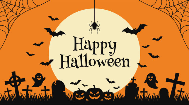 A spooky and delightful halloween scene with a full moon bats tombstones and ghosts creates a festive and eerie atmosphere for the holiday season