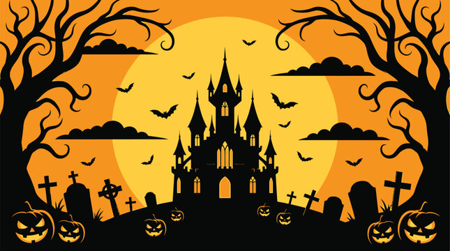 A spectacularly spooky halloween background featuring a haunted castle silhouetted against a vibrant orange and yellow sunset complete with bats and a graveyard