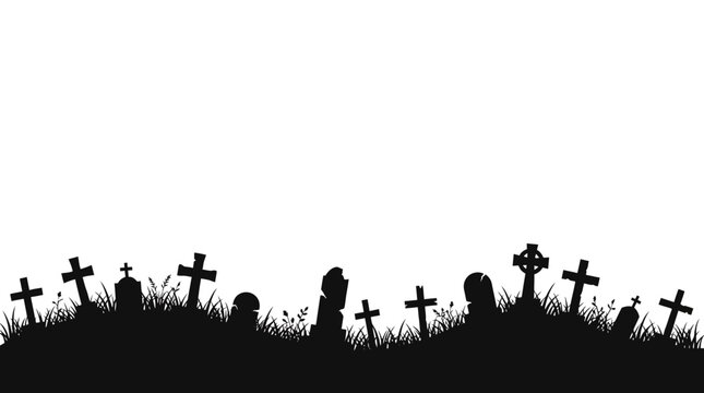 A spooky and eerie halloween cemetery scene a silhouette of tombstones against a pale ghostly white background perfect for seasonal designs