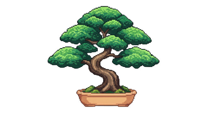 Pixel Art Bonsai Tree, Miniature Tree in Pot, Japanese Garden Art