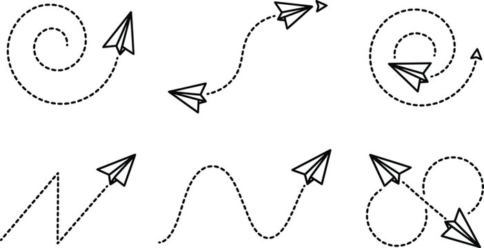 Minimalist paper plane icons with dashed flight paths, set of 6 black line art airplane vectors, creative travel and startup concept graphics