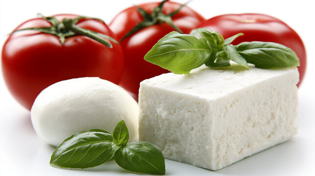 Fresh feta cheese block mozzarella ball and ripe tomatoes with basil