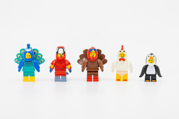 Fototapeta premium Hong Kong, June 8, 2026: Five cute minifigures wear animal bird suits of peacock, parrot, turkey, chicken, and penguin.
