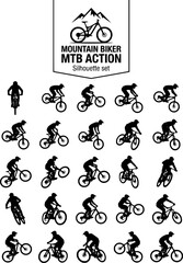 Naklejka premium Mountain Biker MTB Action Silhouette Set Black White Sport Bundle Vector Illustration Isolated White Background