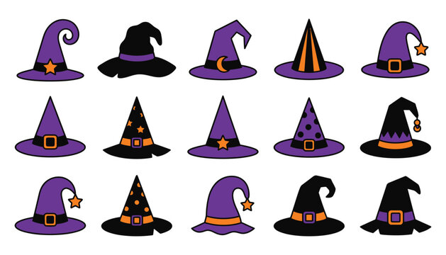 Spooky halloween witch hats icons set for party design and decoration with witch hat magic hat wizard hat halloween costume black hat purple hat orange hat halloween ico