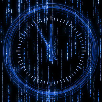 Futuristic blue digital clock face with matrix code rain on black background