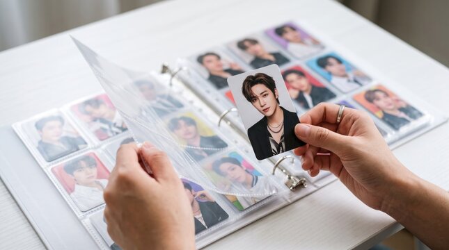 Collecting K-Pop Photocards: A close-up shot of hands sorting through a binder filled with K-pop photocards, showcasing the passionate hobby of collecting celebrity images and memorabilia.