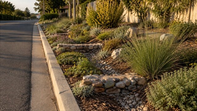 Drought Tolerant Landscaping and Rock Swale Along a Residential Street Parkway
