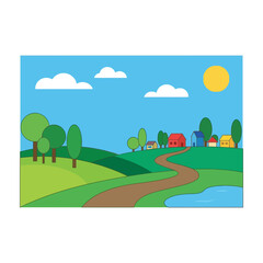 Fototapeta premium Scenic country landscape vector illustration with winding road green hills small village houses sun clouds pond rural scenery nature landscape vector countryside summer scenery sunny day