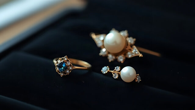 Antique gold rings with sapphires and pearl brooch on black velvet, vintage jewelry and elegance concept