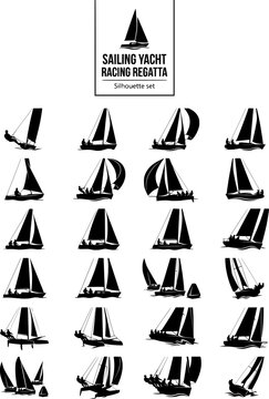 Sailing Yacht Racing Regatta Silhouette Set Black White Water Sport Bundle Vector Illustration Isolated White Background	