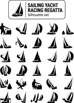 Sailing Yacht Racing Regatta Silhouette Set Black White Water Sport Bundle Vector Illustration Isolated White Background	