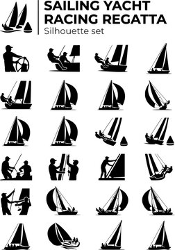 Sailing Yacht Racing Regatta Silhouette Set Black White Water Sport Bundle Vector Illustration Isolated White Background	