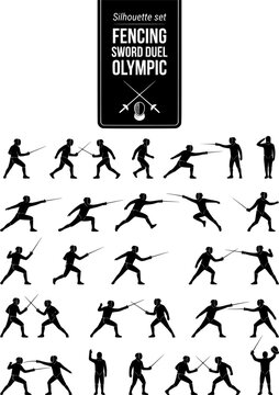 Fencing Sword Duel Olympic Silhouette Set Black White Combat Sport Bundle Vector Illustration Isolated White Background	