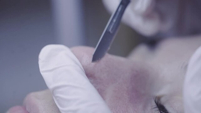 Delicate metal tool gliding along a resting face during skincare treatment