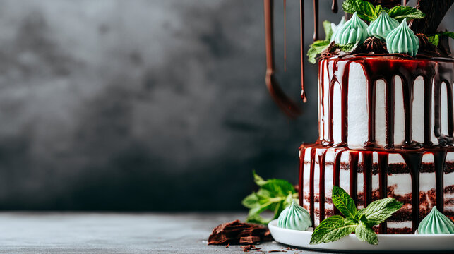 Two tier frosted cake with dark chocolate drip and mint meringue toppings on white plate