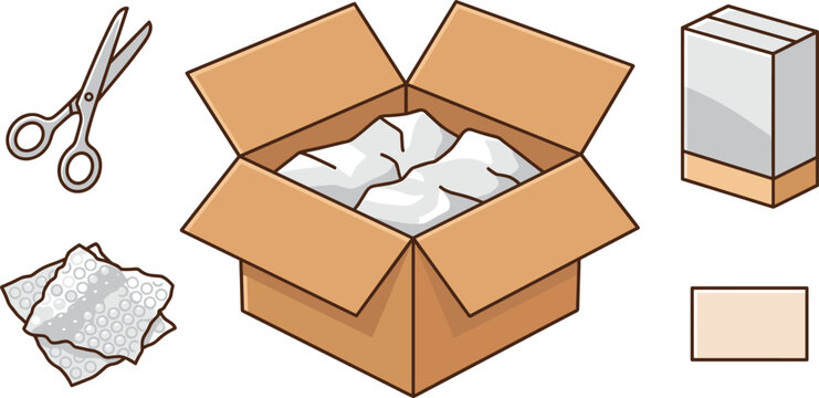 Packaging and Shipping Vector Set with Open Cardboard Box, Packing Paper, Bubble Wrap, Scissors, Mailing Carton, and Blank Delivery Label