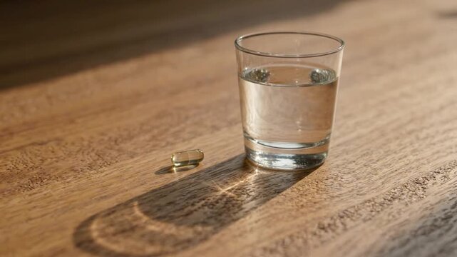 A hand places a yellow capsule on a wooden table next to a glass of water, bathed in warm sunlight casting long shadows.