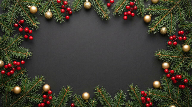 Striking dark empty copy space elegantly bordered by rich green evergreen pine needles and bright red berries perfect for premium chic holiday greetings