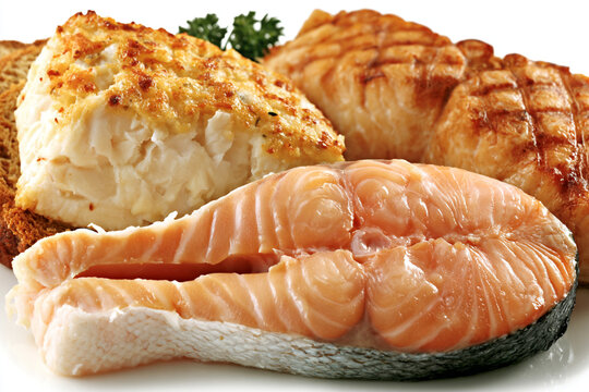 Grilled fish steaks and fresh salmon cutlet seasoned with herbs ready for cooking