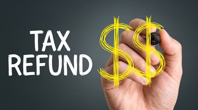 Hand writing tax refund text and dollar signs on a dark background