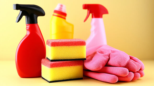 House cleaning supplies with colorful spray bottles and sponges rubber gloves red spray