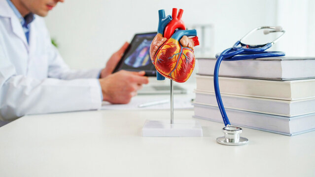 Medical doctor examining human heart anatomy model with a stethoscope on a desk in the office