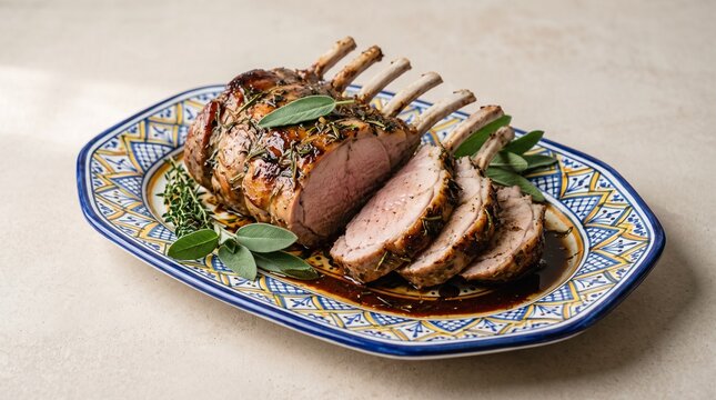 Minimalist wallpaper of sliced roasted veal in milk sauce on Italian Deruta platter