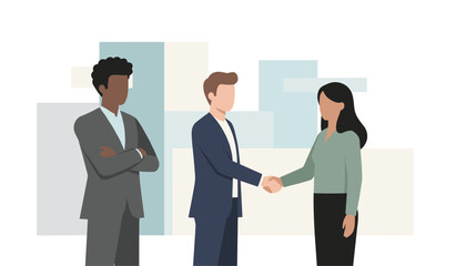 Obraz premium Successful business deal is celebrated with a handshake between professionals in front of abstract office buildings.