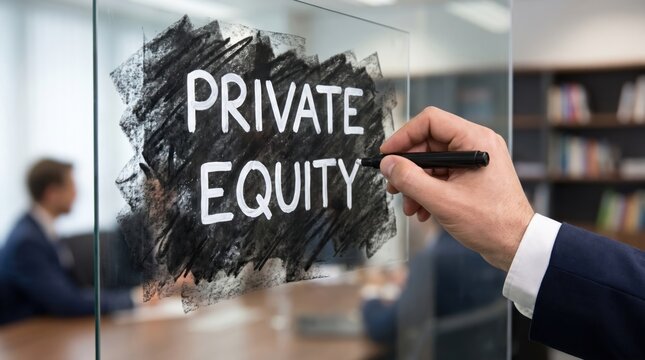 A professional businessman writing the words private equity on a glass board in a modern office meeting room