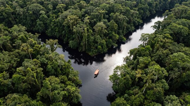 Aerial view of a small boat traveling along a dark winding river through the dense green amazon rainforest