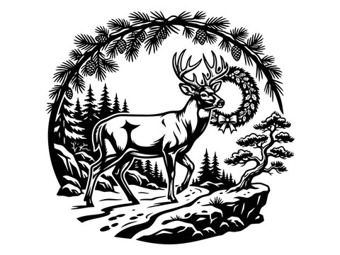 Majestic reindeer in detailed winter forest wreath