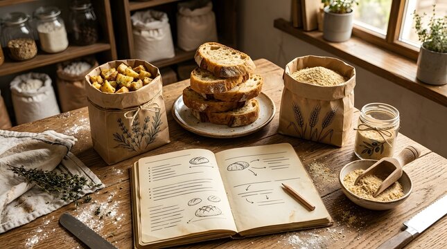 Artisanal Bakery Scene Featuring Zero Waste Sourdough Bread Croutons and Breadcrumbs with Vintage Recipe Book on Rustic Wooden Table