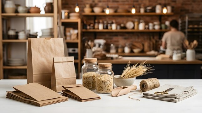 Sustainable Brown Paper Bags and Glass Jars for Eco-Friendly Bakery Packaging on White Table in Rustic Kitchen Interior