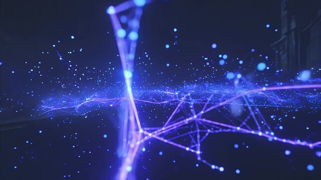 Blue particle energy and glowing lightning on dark street for cinematic background, sci-fi intro and technology concept. Magic light, digital motion and futuristic spark for mystery film project.