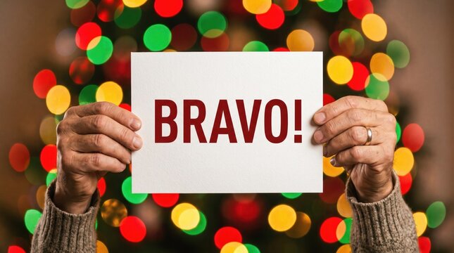 Person holding a sign reading &ldquo;Bravo&rdquo; with festive Christmas lights