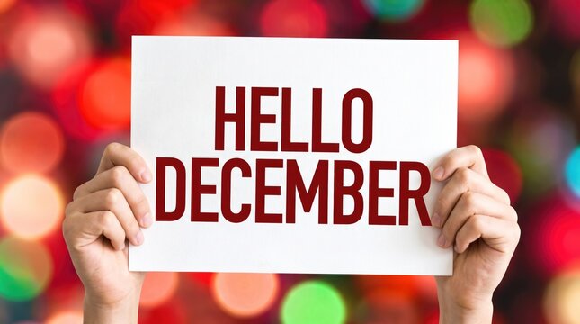 Hands holding a sign reading &ldquo;Hello December&rdquo; against festive bokeh lights