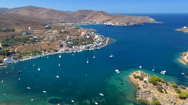 Panoramic view of the village and sailors marina of Vourkari with the port of Korissia in the background, Kea - Tzia island, Cyclades, Greece