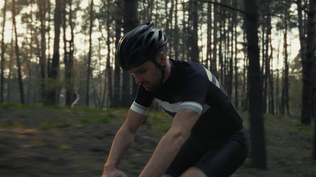 Cyclist Riding Bicycle On Forest Road At Sunset. Cycling Workout Outdoor 
