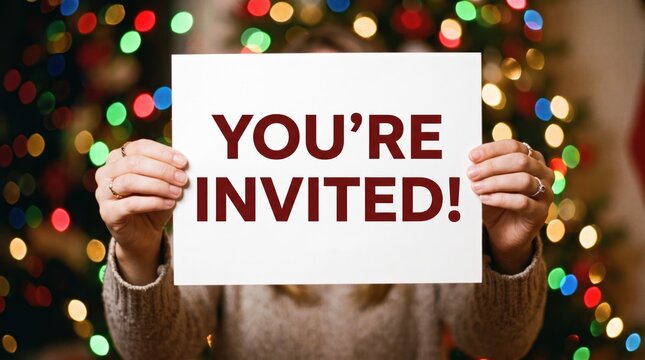 Person holding a sign reading &ldquo;You&rsquo;re invited&rdquo; with Christmas lights
