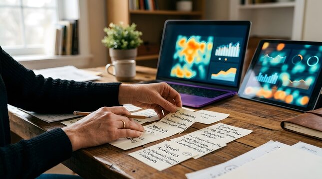 Professional Marketing Specialist Analyzing E-commerce Data and Planning Strategy with Sticky Notes and Digital Dashboards on Wooden Desk