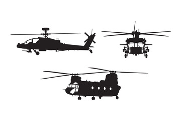 Obraz premium Set of military helicopter silhouettes in black