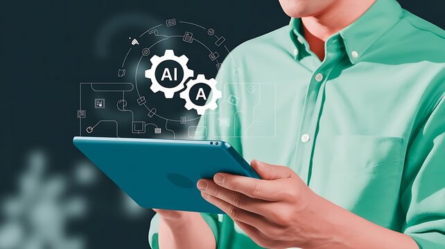 Modern professional using a tablet with futuristic artificial intelligence digital gear graphics and holographic interface
