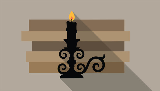 Vintage black candlestick with burning flame casting long shadow against a wooden plank pattern background.